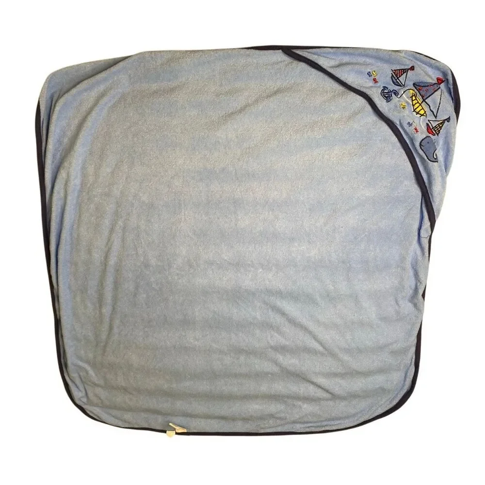 Baby Blue Nautical Hooded Baby Towel Blanket Sailboat Whale Infant 29 In Beach